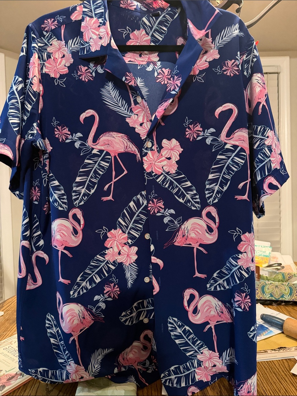 Men's M or Women's L Navy Flamingo Print Button-Up Top - Pink Floral.